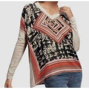 Cabi mixed media blouse top Womens M Scarf Style Boho Silk & Jersey Knit V-neck